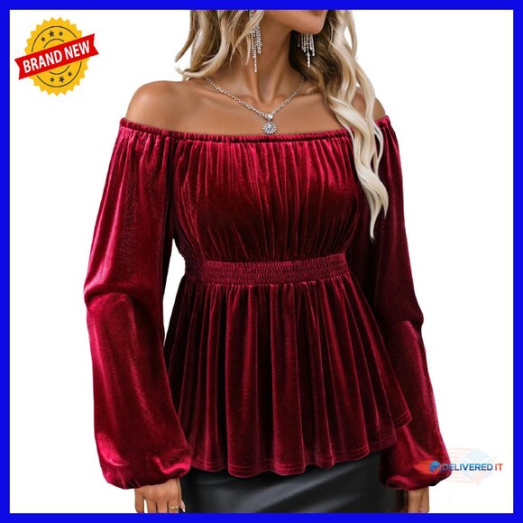 Velvet Off Shoulder Peplum Blouse Long Sleeve Elegant Evening Top - Picture 1 of 8